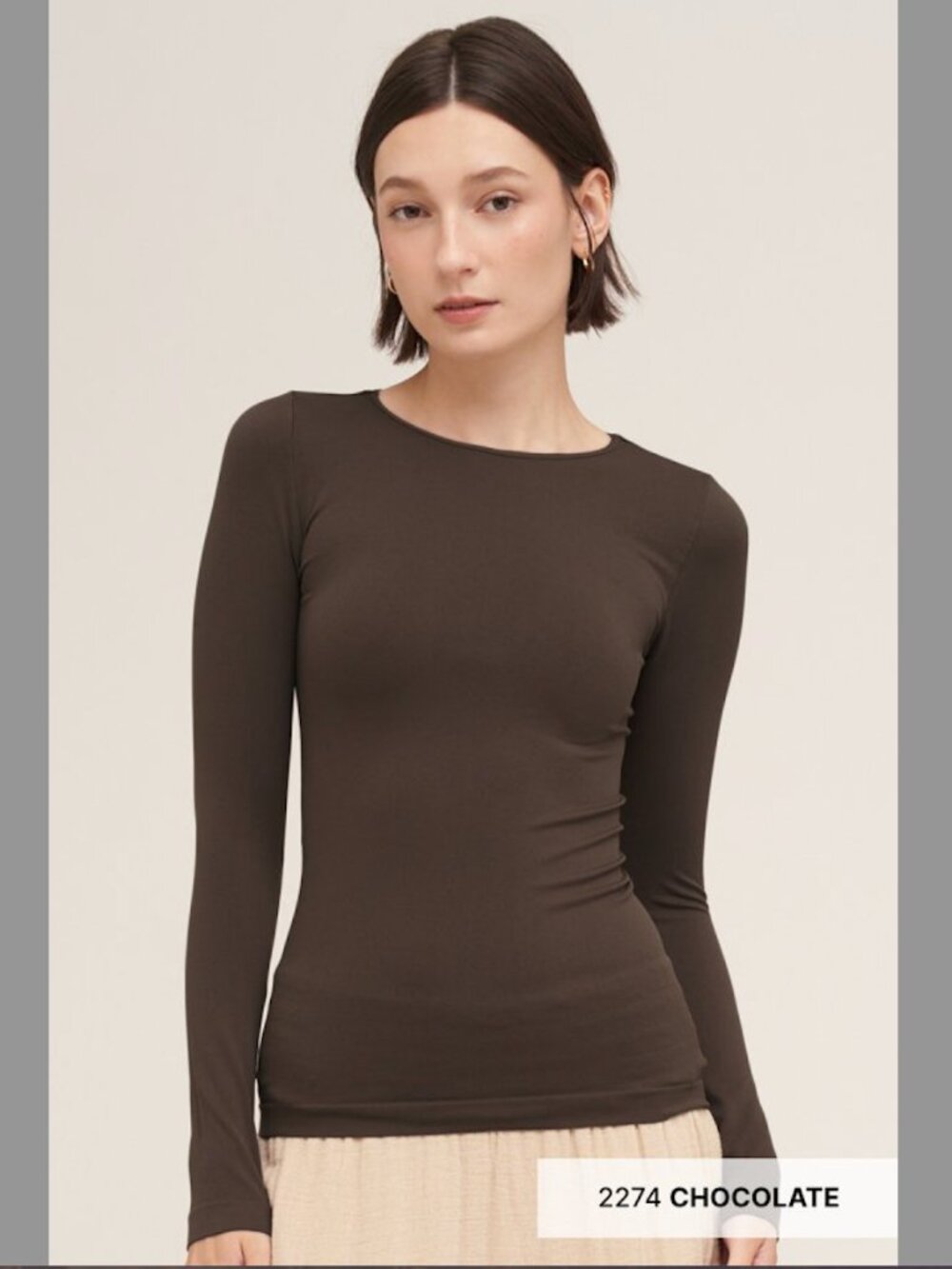 New Chocolate Brown Super Stretch Long Sleeve Crew Neck